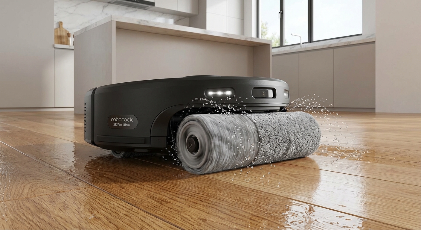 Saugroboter mit rotierender Wischrolle auf Hartboden