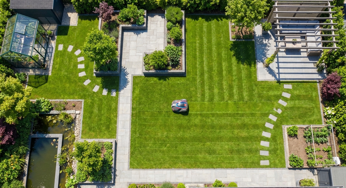 Mähroboter navigiert durch komplexen Garten mit sauberen Kanten